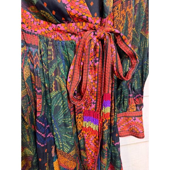 FARM RIO Dress Forest Tapestry Wrap Mini Bead Tassel Tie Print Medium $245 W173 - Picture 5 of 8